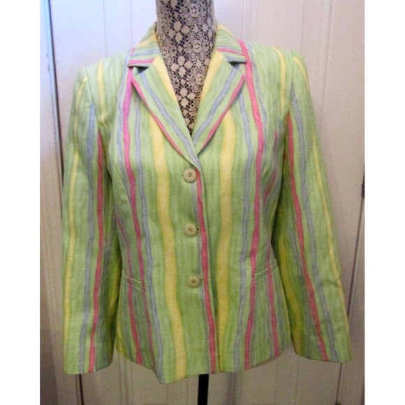 JM Studio by John Meyer Blazer Green Yellow Pink Striped Lined Jacket Womens 12P - Picture 2 of 8
